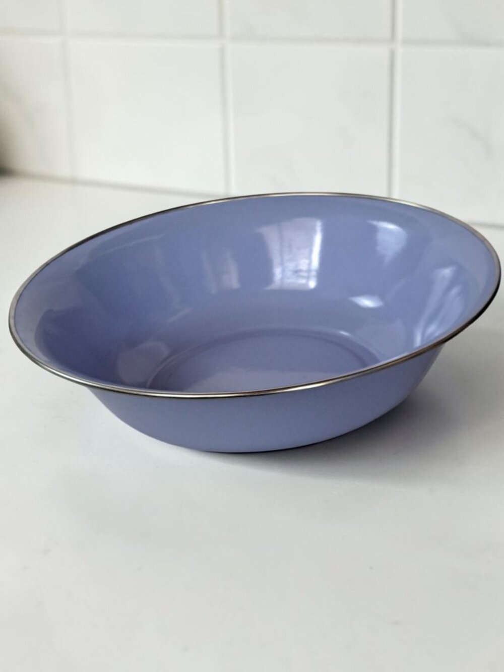 POTTERY BARN Large 12" Metal Enamel Serving Bowl~ Blue/Silver Rim~Serving Bowl
